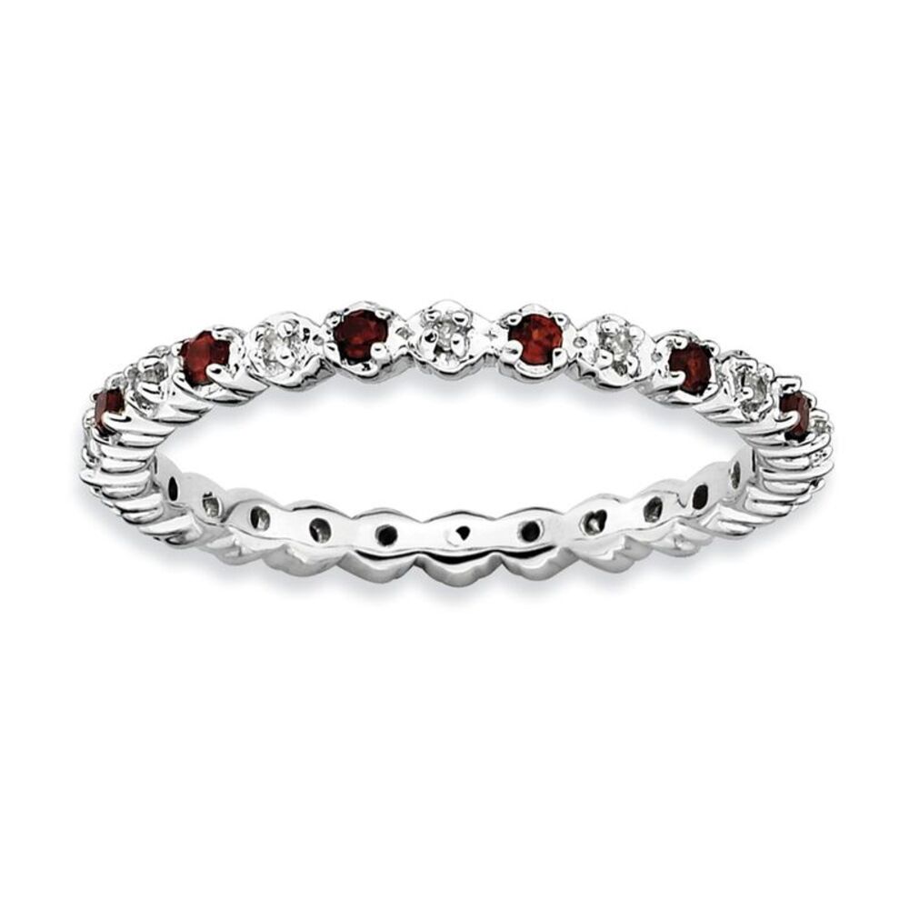 2.25mm Sterling Silver, Garnet & .05 Ctw Diamond Stackable Band, Sz 9